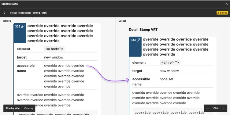 A Figma branch review comparing a filled out Details component in a Before view and Latest view. One of the filled out properties has been overridden by a component change.