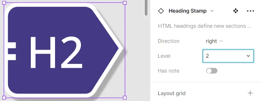 A heading annotation stamp's heading level drop-down menu in Figma's component properties panel.