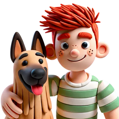 Playful 3D illustration of Daniel with spiky red hair and his German Shepherd companion.